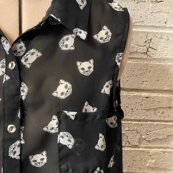 No Boundaries Cat Sheer Button Up Sleeveless BlouseLarge 11/13 - Picture 5 of 12